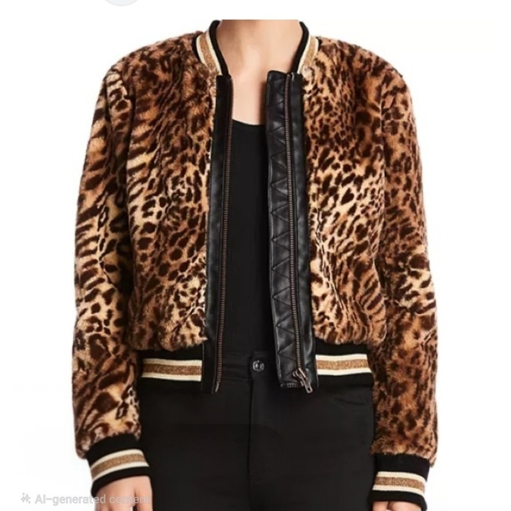 Bailey/44 Bomber Jacket Leopard Faux Fur Metallic Trim Womens Medium